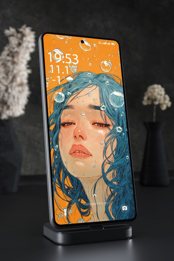 Phone Wallpaper 5628 - Blue Haired Girl in an Orange Water Dream