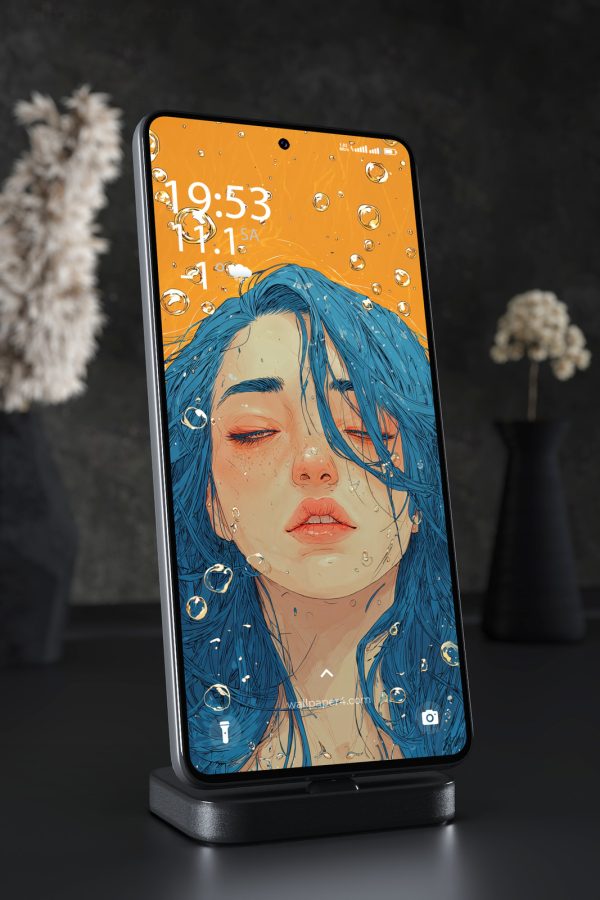 Mobile Wallpaper 5628 - Blue Haired Girl in an Orange Water Dream