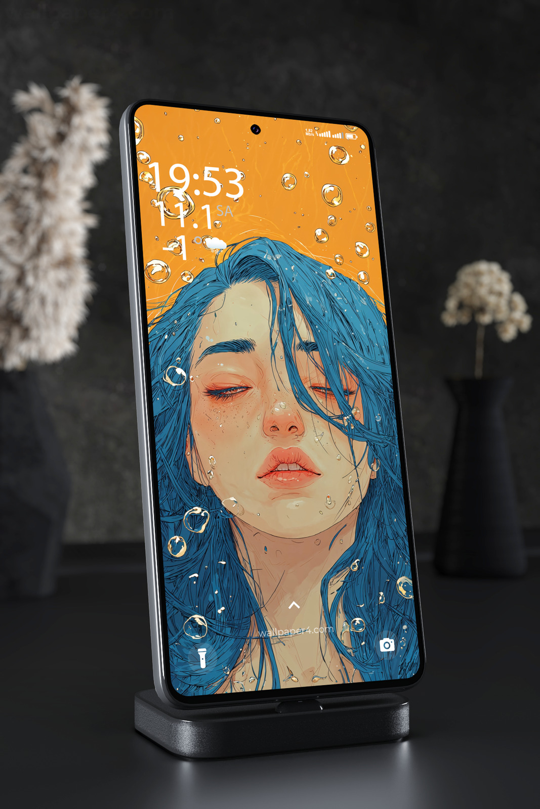 Mobile Wallpaper 5628 - Blue Haired Girl in an Orange Water Dream