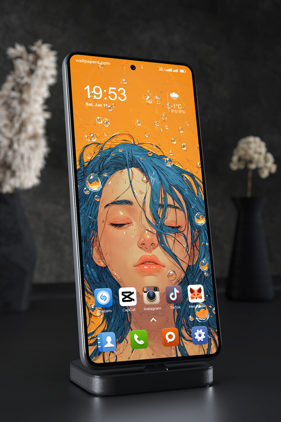 Mobile Wallpaper 5628 - Blue Haired Girl in an Orange Water Dream