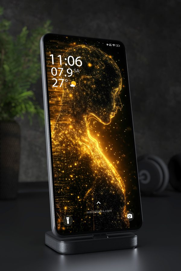 Phone Wallpaper 5633 - Golden Digital Human in a Futuristic Data Flow