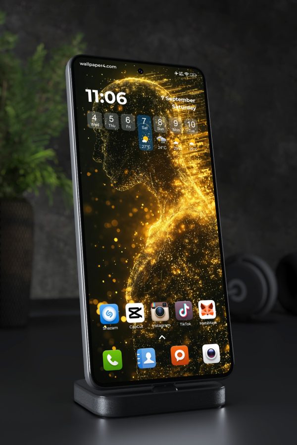 Mobile Wallpaper 5633 - Golden Digital Human in a Futuristic Data Flow