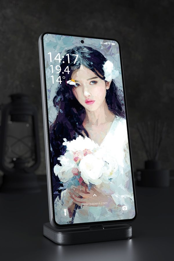 Phone Wallpaper 5636 - Elegant Woman with White Flowers Oil Painting