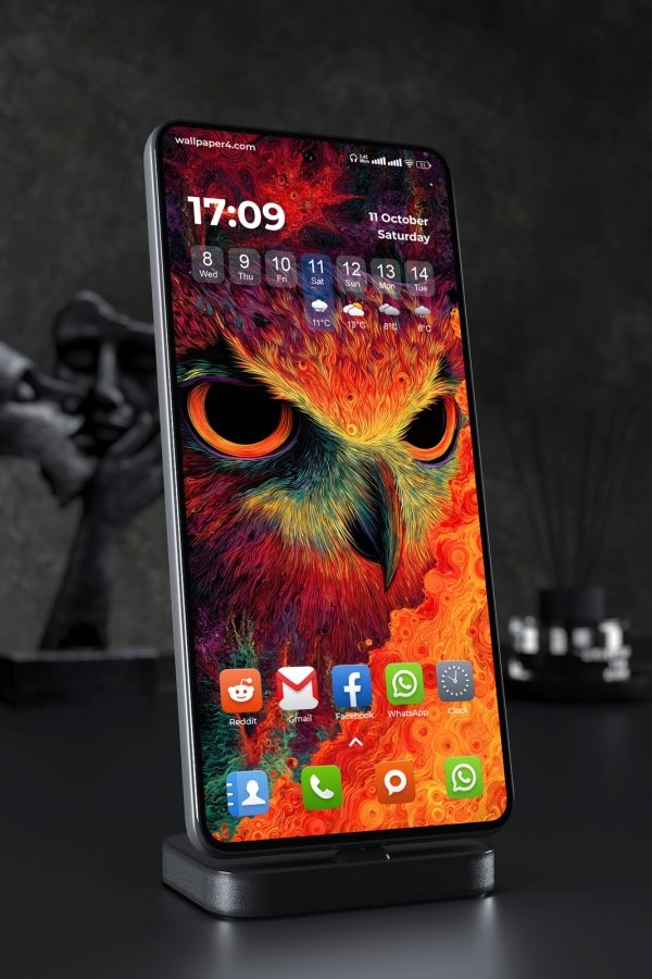 Phone Wallpaper 5647 - Fiery Owl in a Psychedelic Fantasy Forest