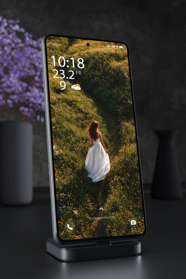 Phone Wallpaper 5672 - Woman Walking Through a Blooming Wildflower Meadow