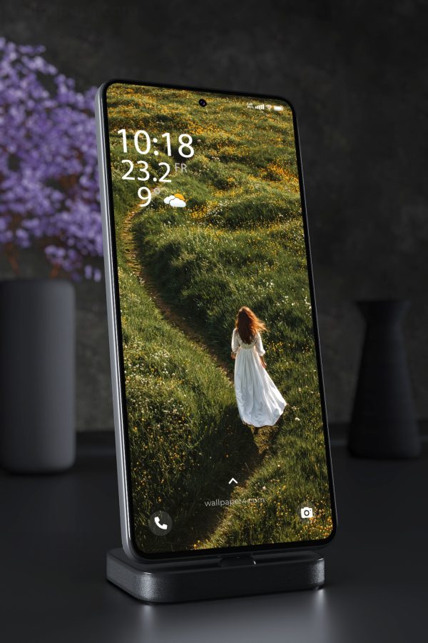 Mobile Wallpaper 5672 - Woman Walking Through a Blooming Wildflower Meadow