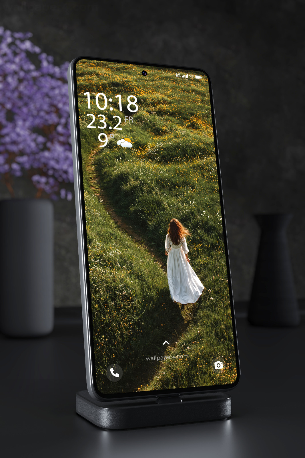 Mobile Wallpaper 5672 - Woman Walking Through a Blooming Wildflower Meadow