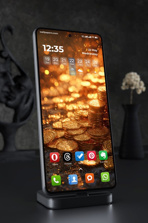 Phone Wallpaper 5676 - Glowing Gold Coins with Sparkling Firelight Background