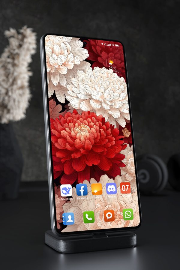 Phone Wallpaper 5681 - Elegant Red and White Chrysanthemum Floral Art