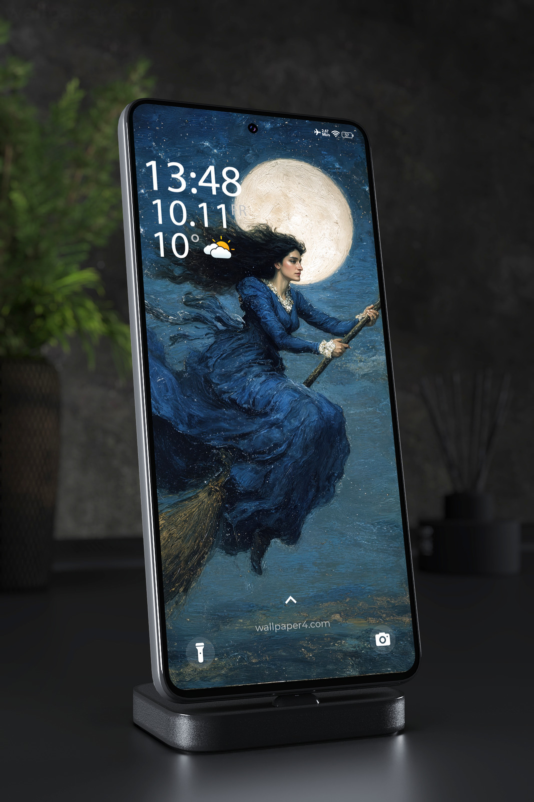 Mobile Wallpaper 5686 - Mystical Moon Witch Flying Through the Night Sky Art
