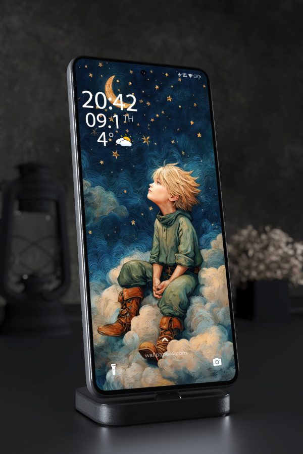 Phone Wallpaper 5691 - Dreamy Boy Under the Moon and Starry Night Sky Art