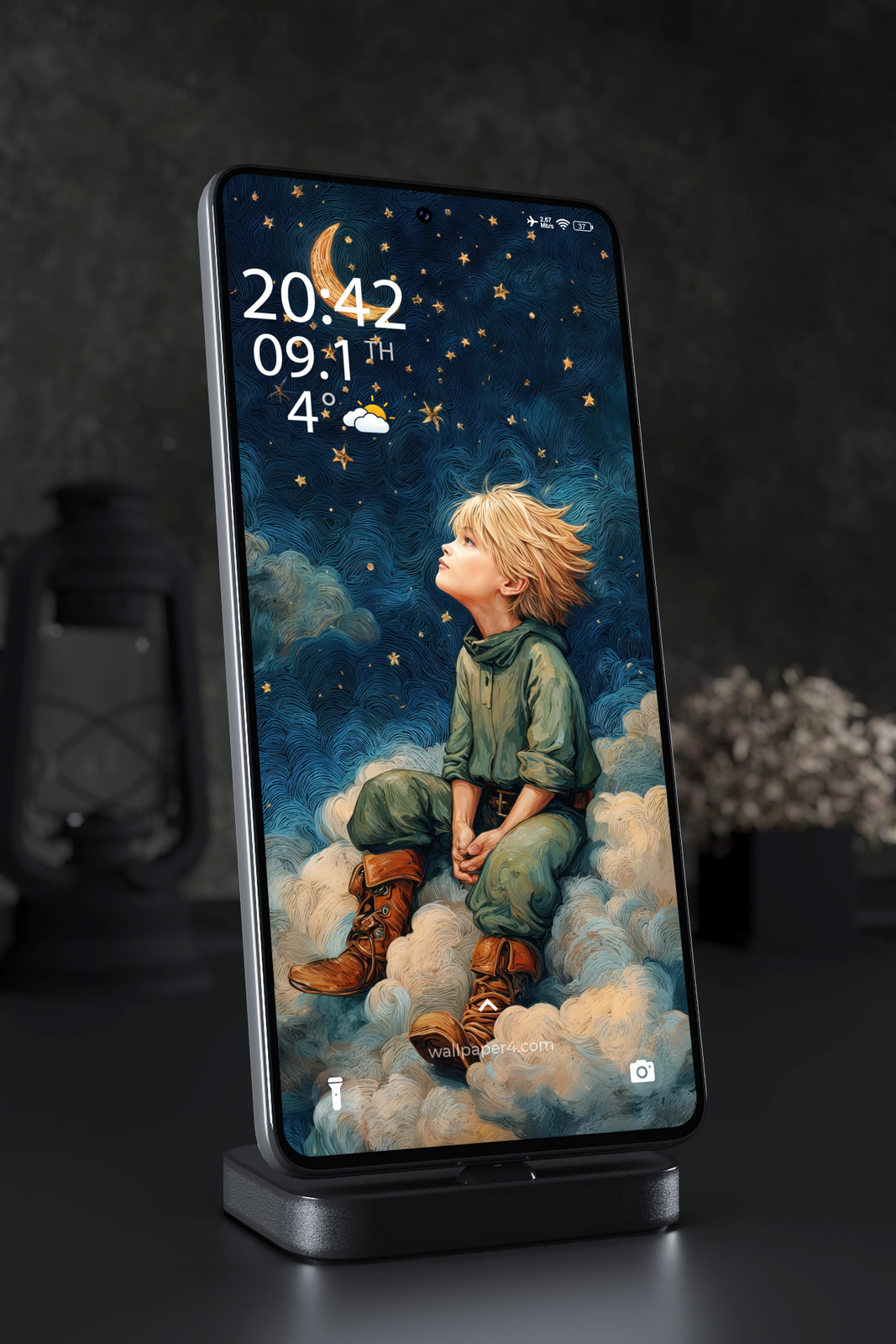 Phone Wallpaper 5691 - Dreamy Boy Under the Moon and Starry Night Sky Art