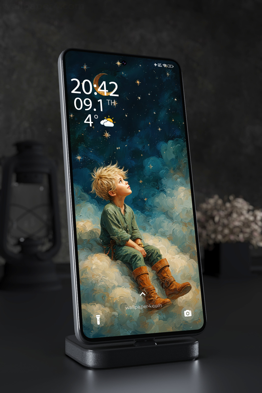 Mobile Wallpaper 5691 - Dreamy Boy Under the Moon and Starry Night Sky Art