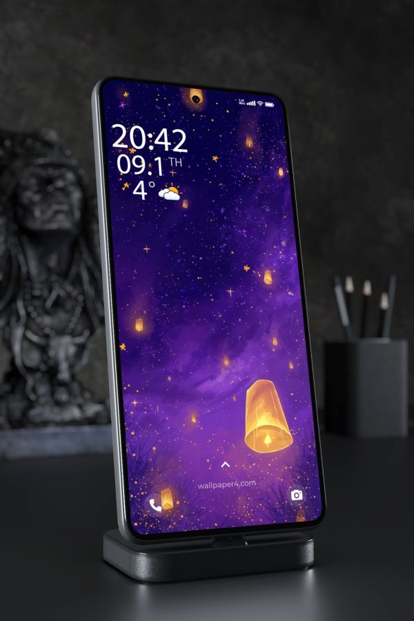 Phone Wallpaper 5696 - Golden Sky Lanterns in a Purple Starry Night