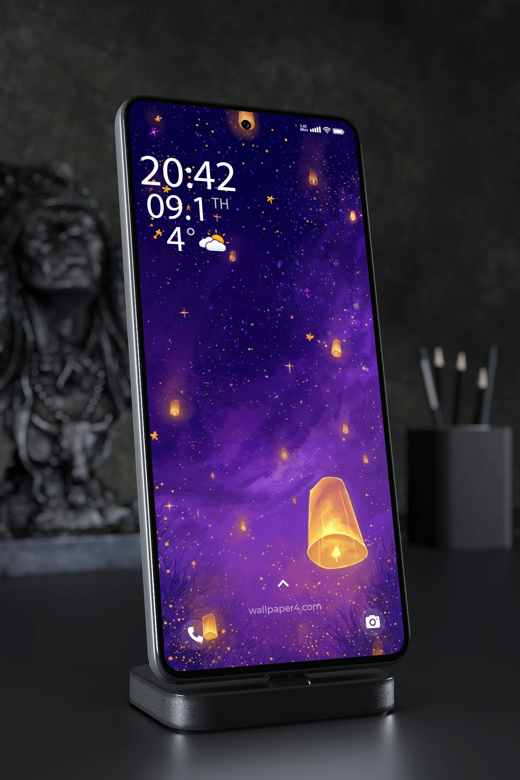 Phone Wallpaper 5696 - Golden Sky Lanterns in a Purple Starry Night