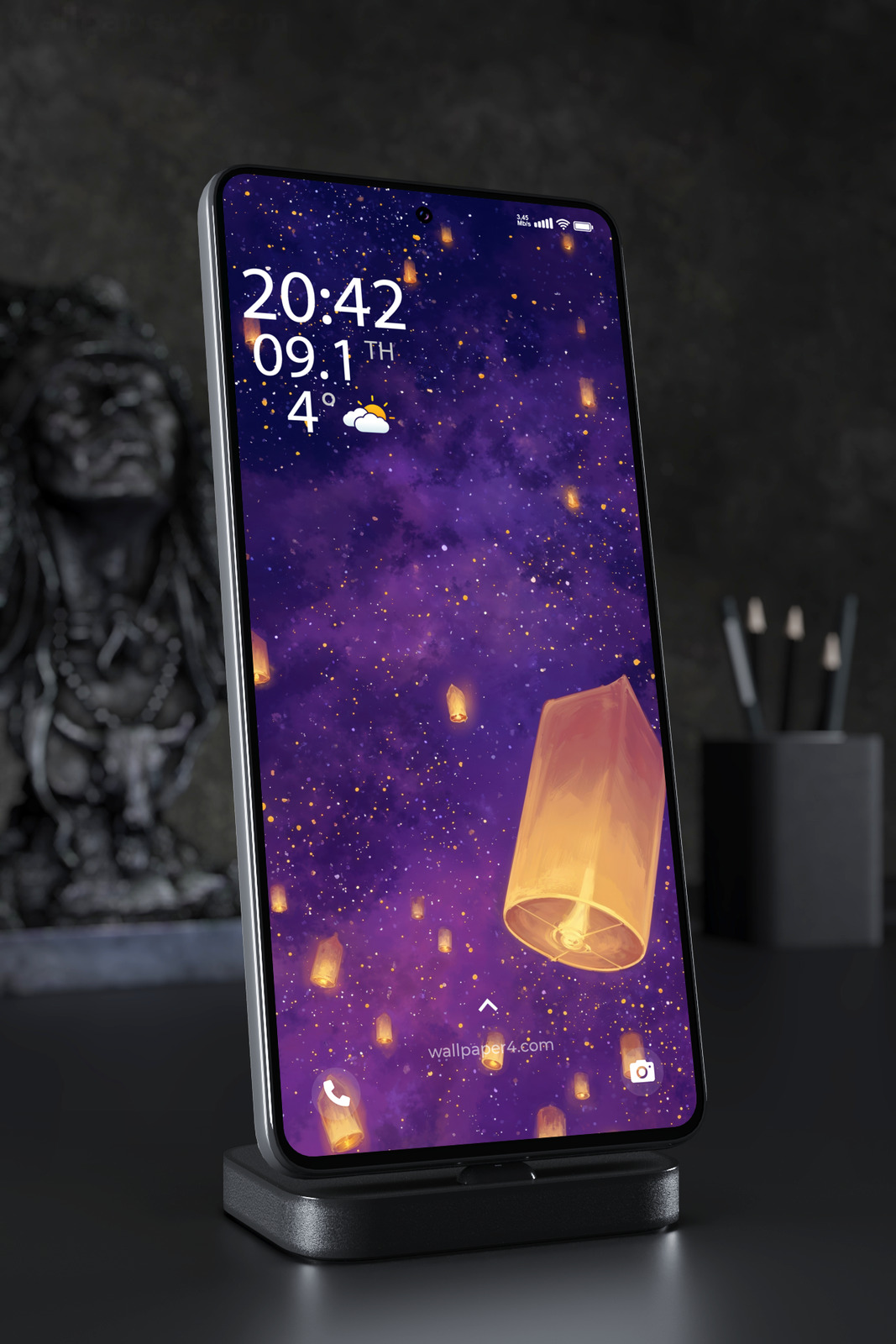 Mobile Wallpaper 5696 - Golden Sky Lanterns in a Purple Starry Night