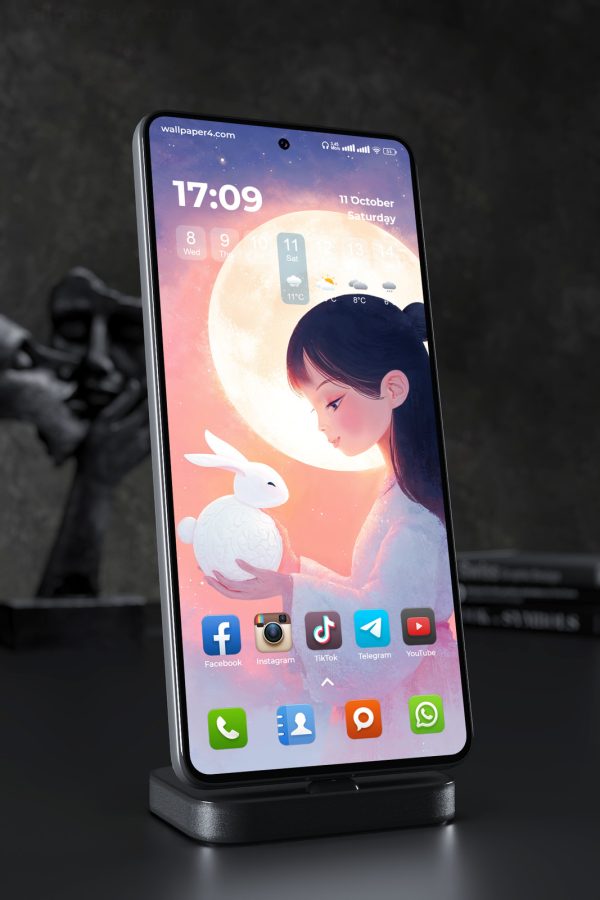 Phone Wallpaper 5705 - Moonlit Girl Holding a Glowing White Rabbit