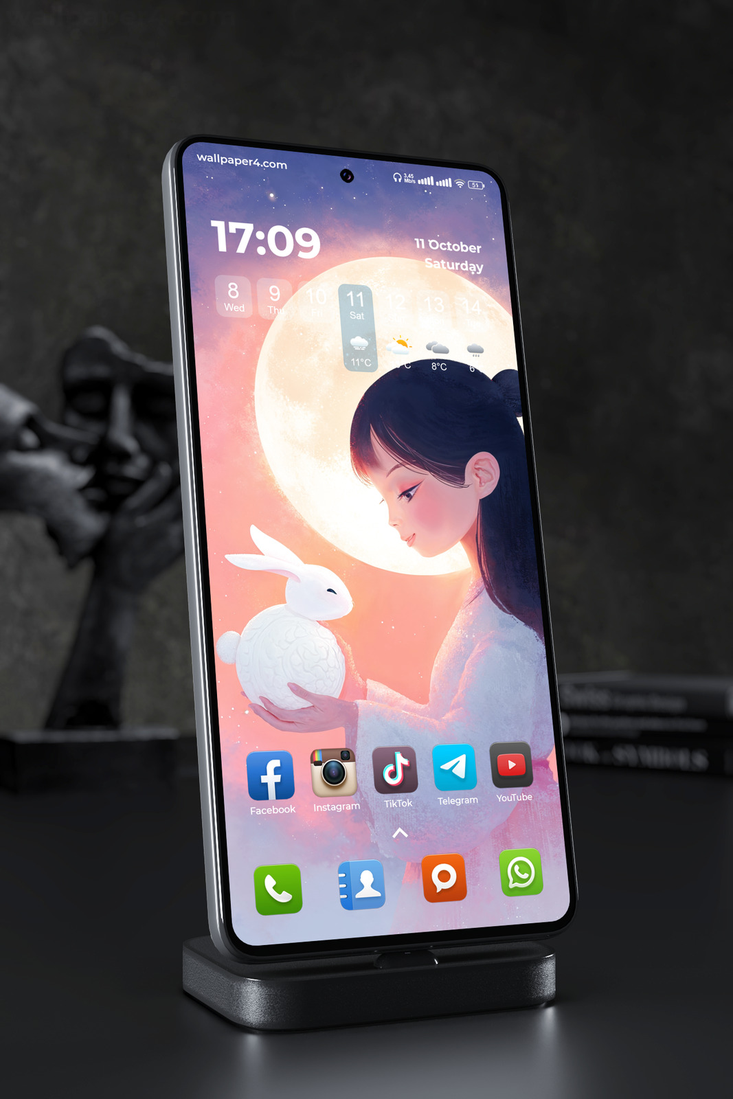 Phone Wallpaper 5705 - Moonlit Girl Holding a Glowing White Rabbit