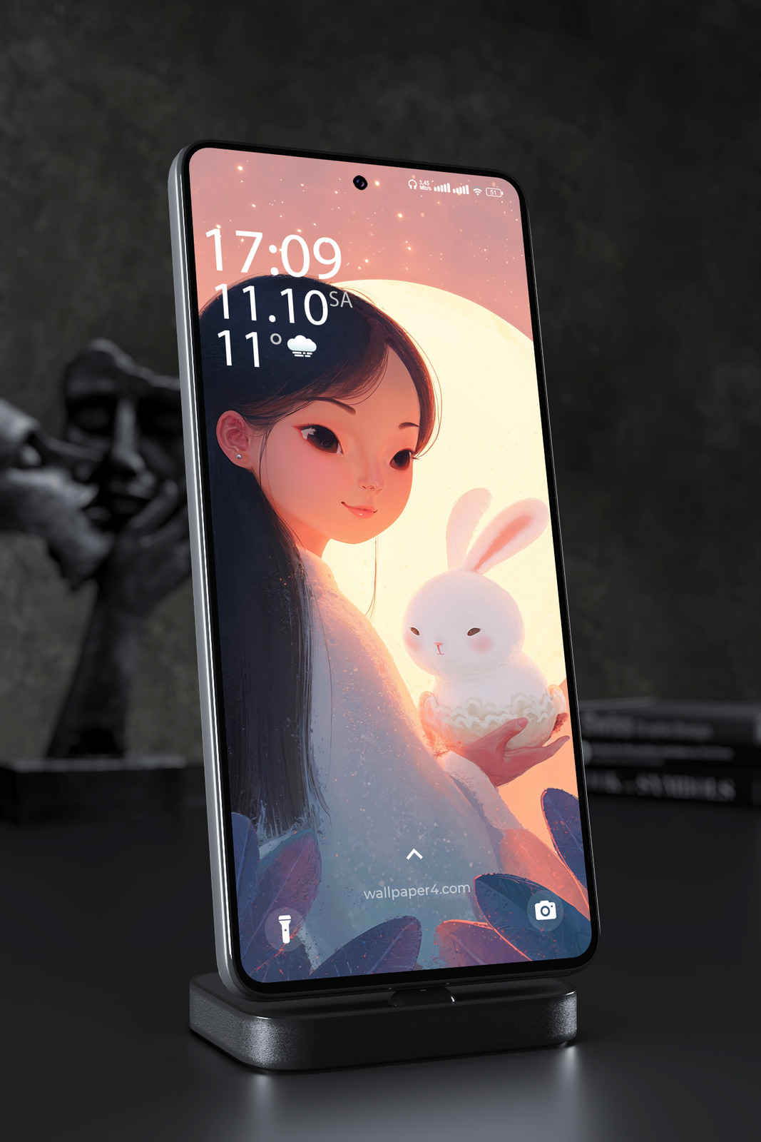 Mobile Wallpaper 5705 - Moonlit Girl Holding a Glowing White Rabbit