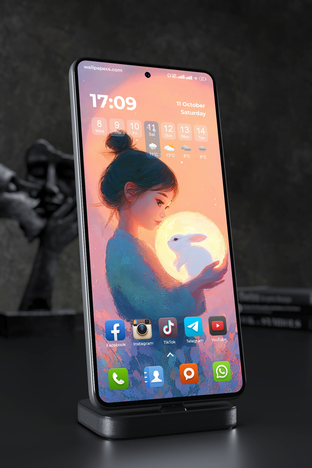 Mobile Wallpaper 5705 - Moonlit Girl Holding a Glowing White Rabbit