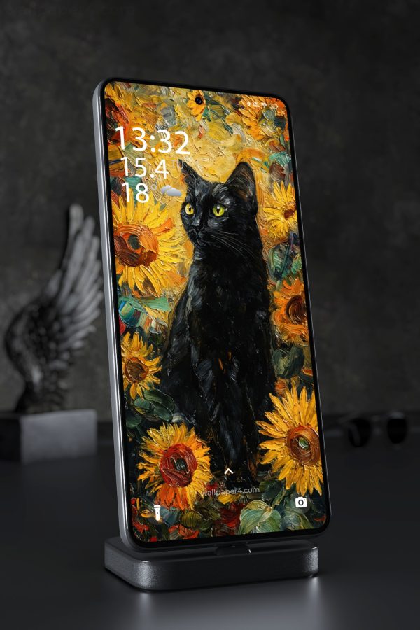Phone Wallpaper 5714 - Black Cat Among Golden Sunflowers Oil Art