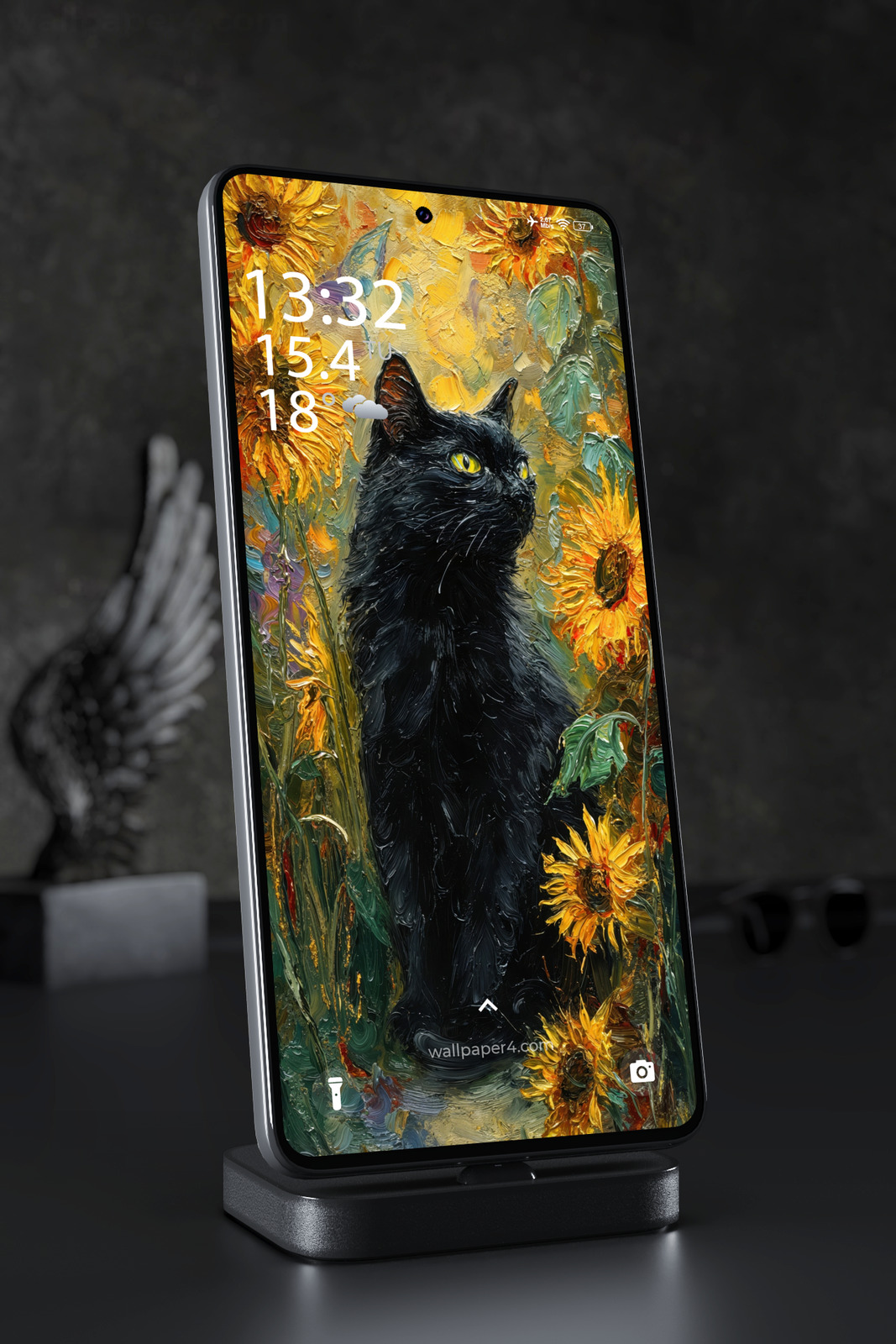 Mobile Wallpaper 5714 - Black Cat Among Golden Sunflowers Oil Art