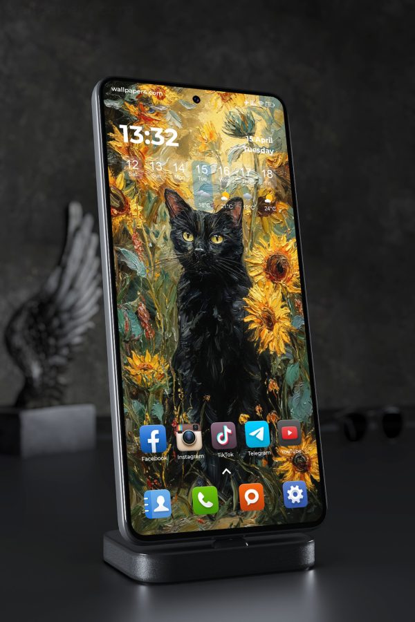 Mobile Wallpaper 5714 - Black Cat Among Golden Sunflowers Oil Art