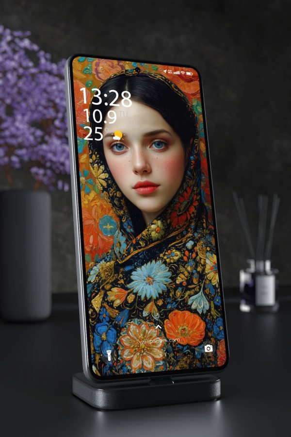 Phone Wallpaper 5727 - Blue-Eyed Beauty in a Floral Embroidered Scarf
