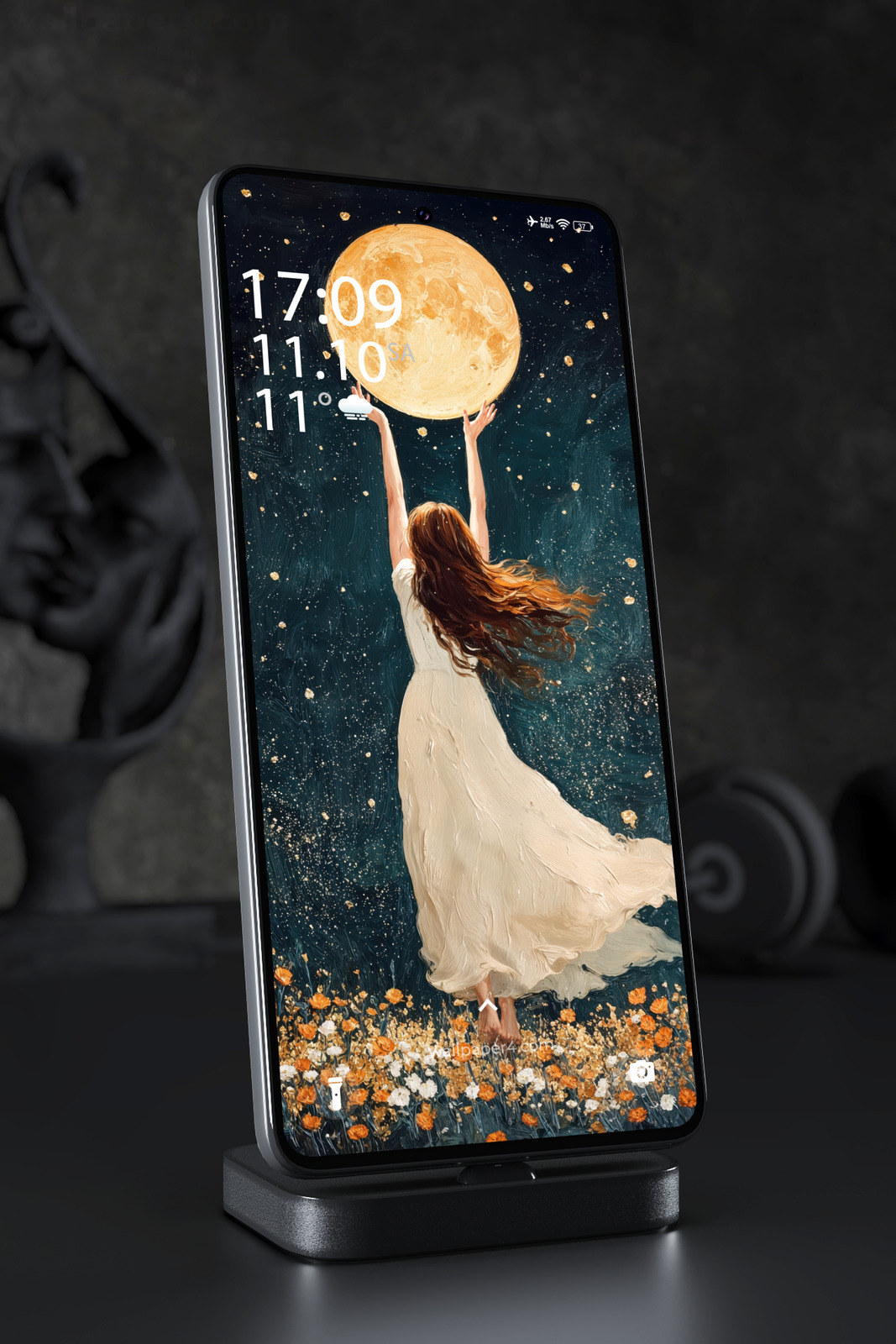 Phone Wallpaper 5732 - Woman Reaching for the Golden Moon