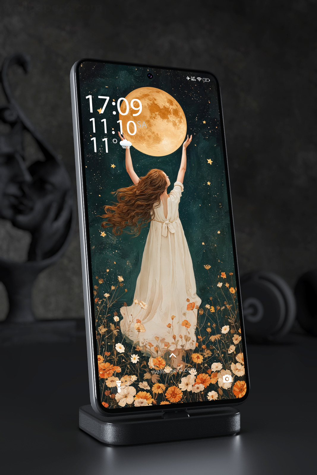 Mobile Wallpaper 5732 - Woman Reaching for the Golden Moon