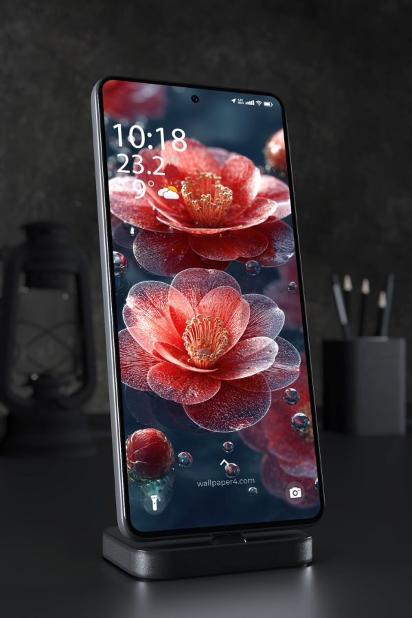 Phone Wallpaper 5743 - Glowing Red Flowers with Crystal Water Drops