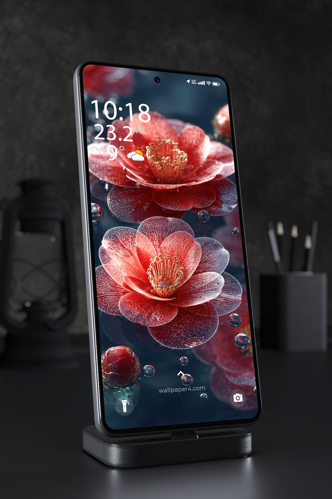 Phone Wallpaper 5743 - Glowing Red Flowers with Crystal Water Drops