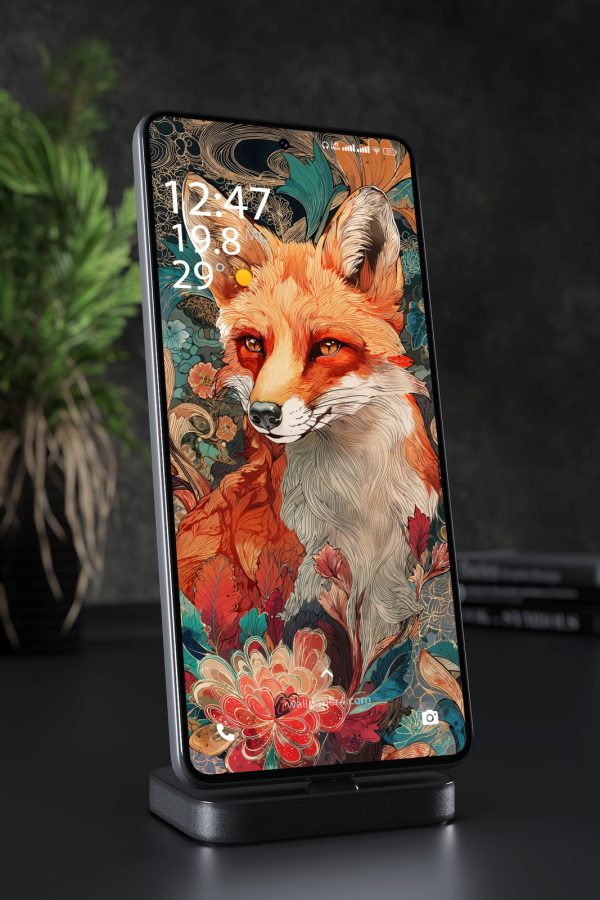 Phone Wallpaper 5753 - Elegant Red Fox in a Floral Fantasy Garden