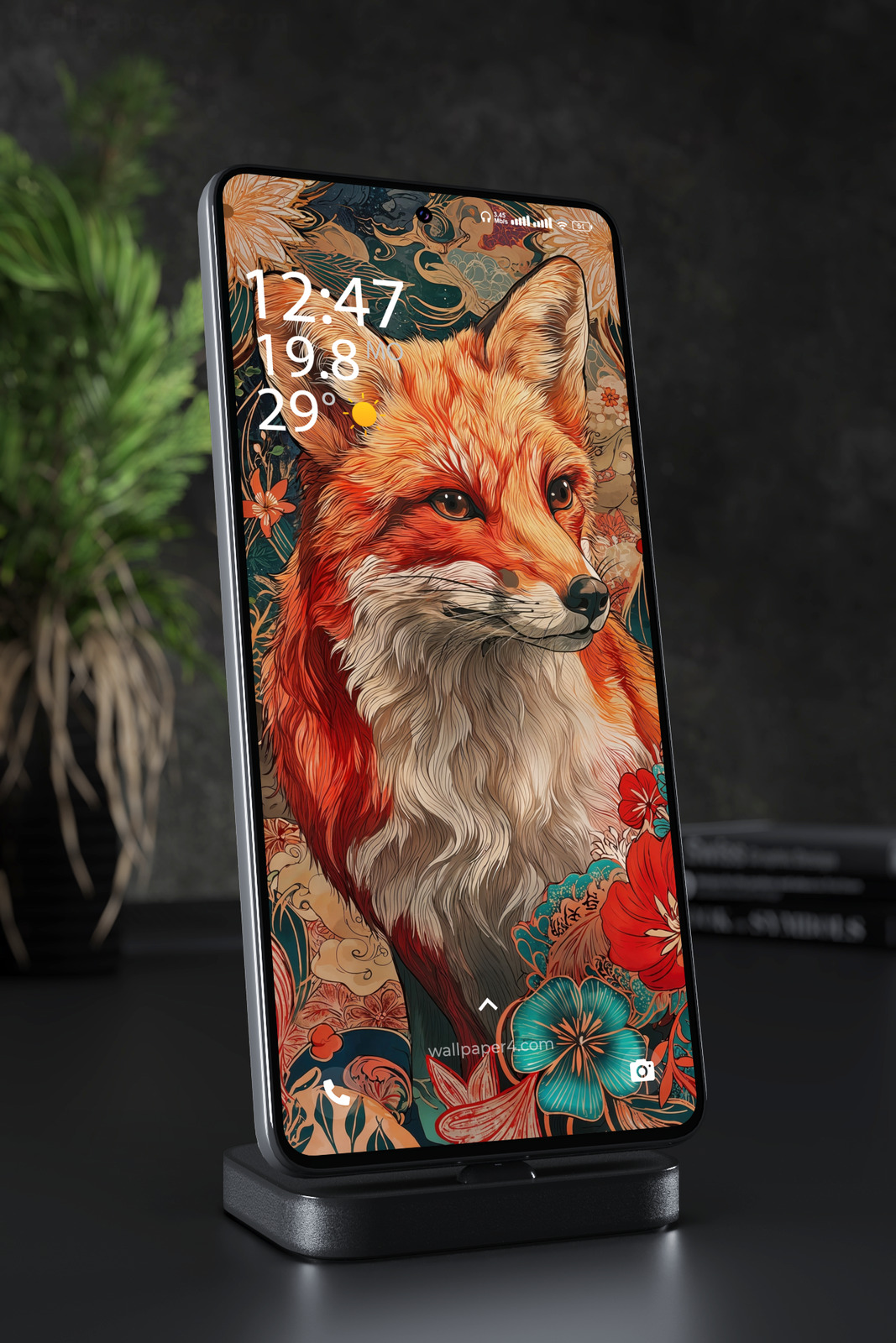 Mobile Wallpaper 5753 - Elegant Red Fox in a Floral Fantasy Garden