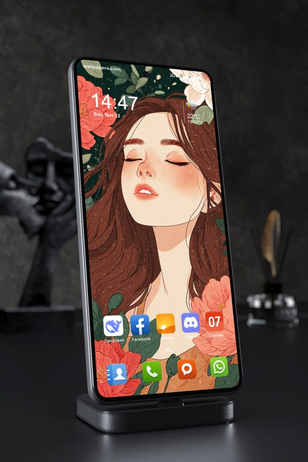 Phone Wallpaper 5757 - Floral Serenity Girl Portrait Illustration