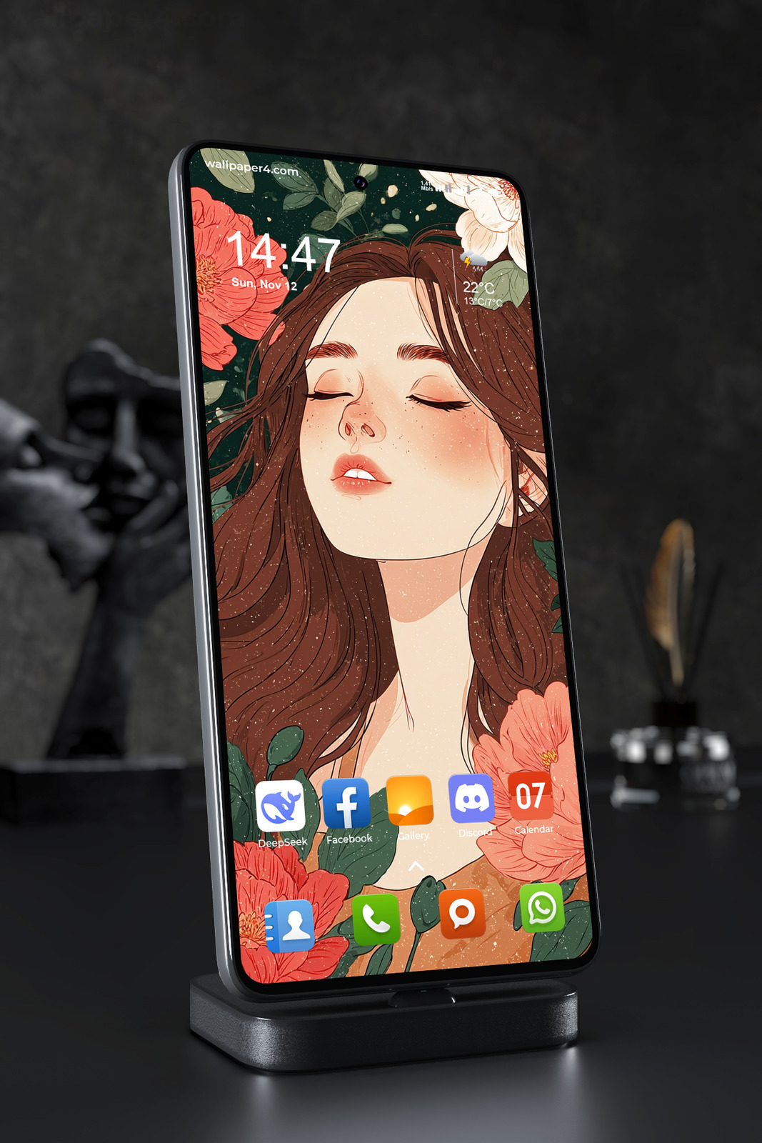 Phone Wallpaper 5757 - Floral Serenity Girl Portrait Illustration