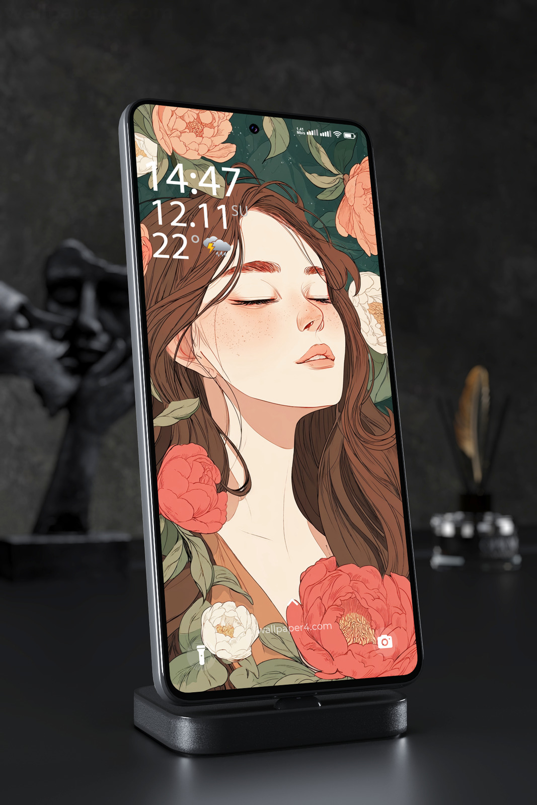 Mobile Wallpaper 5757 - Floral Serenity Girl Portrait Illustration