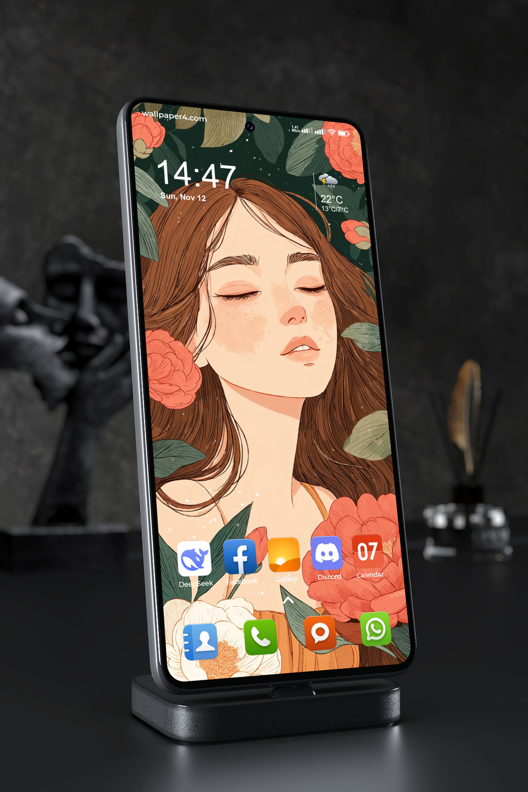 Mobile Wallpaper 5757 - Floral Serenity Girl Portrait Illustration