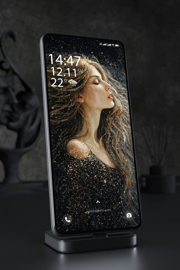 Phone Wallpaper 5779 - Golden Stardust Woman in a Dark Cosmic Dream