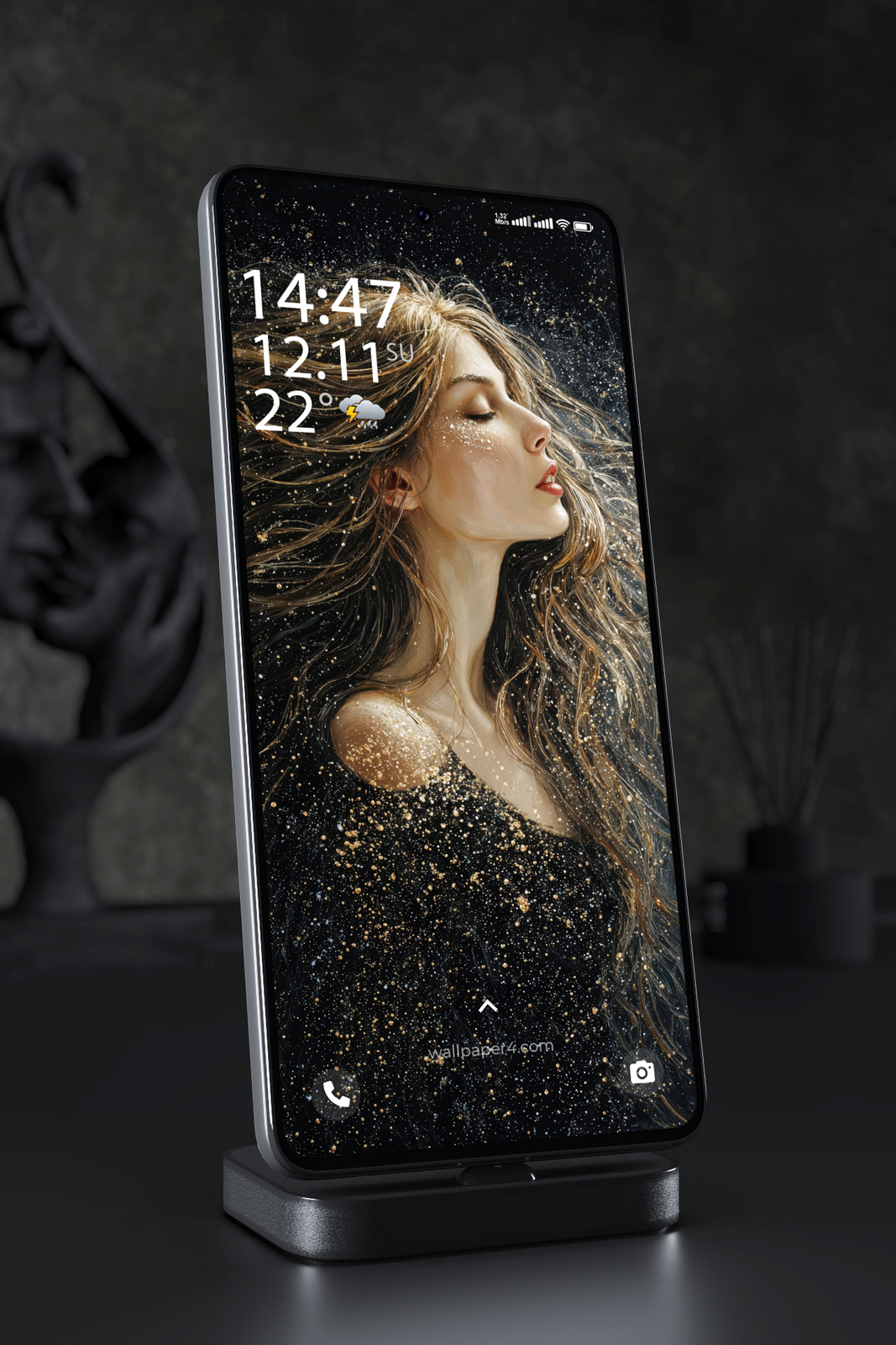 Phone Wallpaper 5779 - Golden Stardust Woman in a Dark Cosmic Dream
