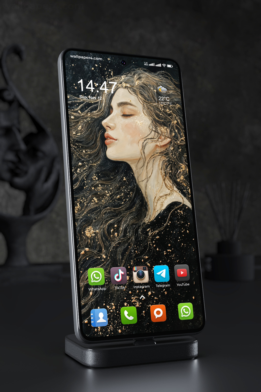 Mobile Wallpaper 5779 - Golden Stardust Woman in a Dark Cosmic Dream