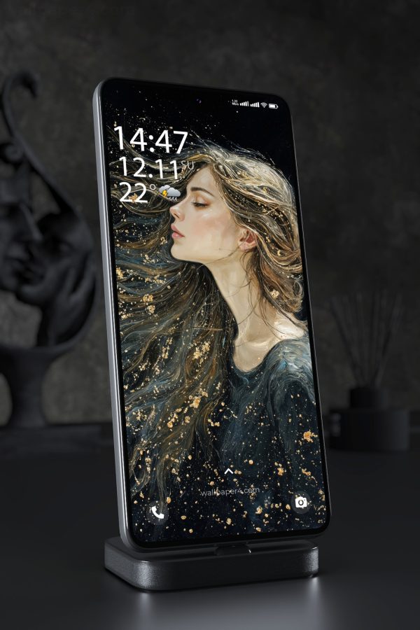 Mobile Wallpaper 5779 - Golden Stardust Woman in a Dark Cosmic Dream