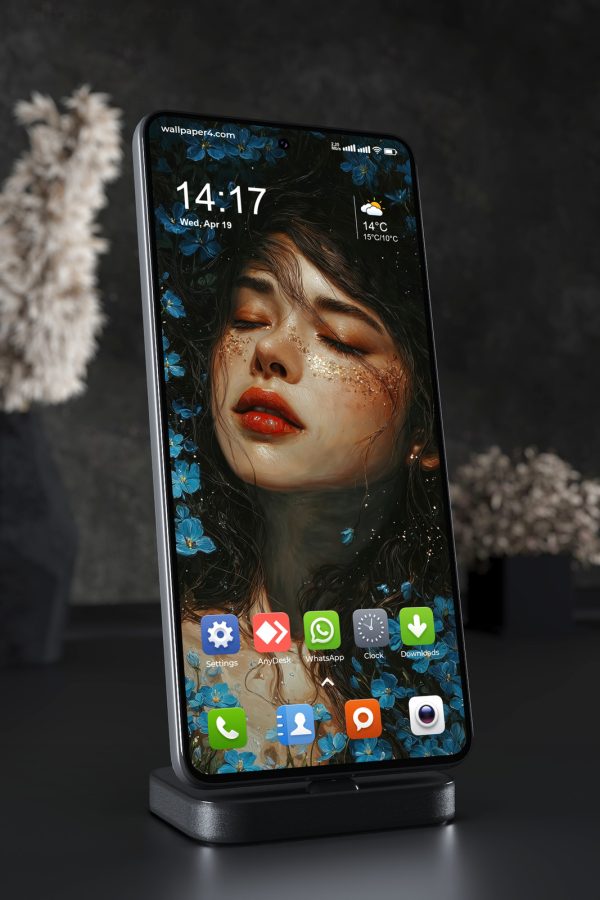 Phone Wallpaper 5784 - Dreaming Woman Among Enchanted Blue Flowers
