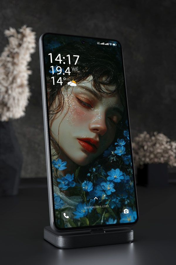 Mobile Wallpaper 5784 - Dreaming Woman Among Enchanted Blue Flowers