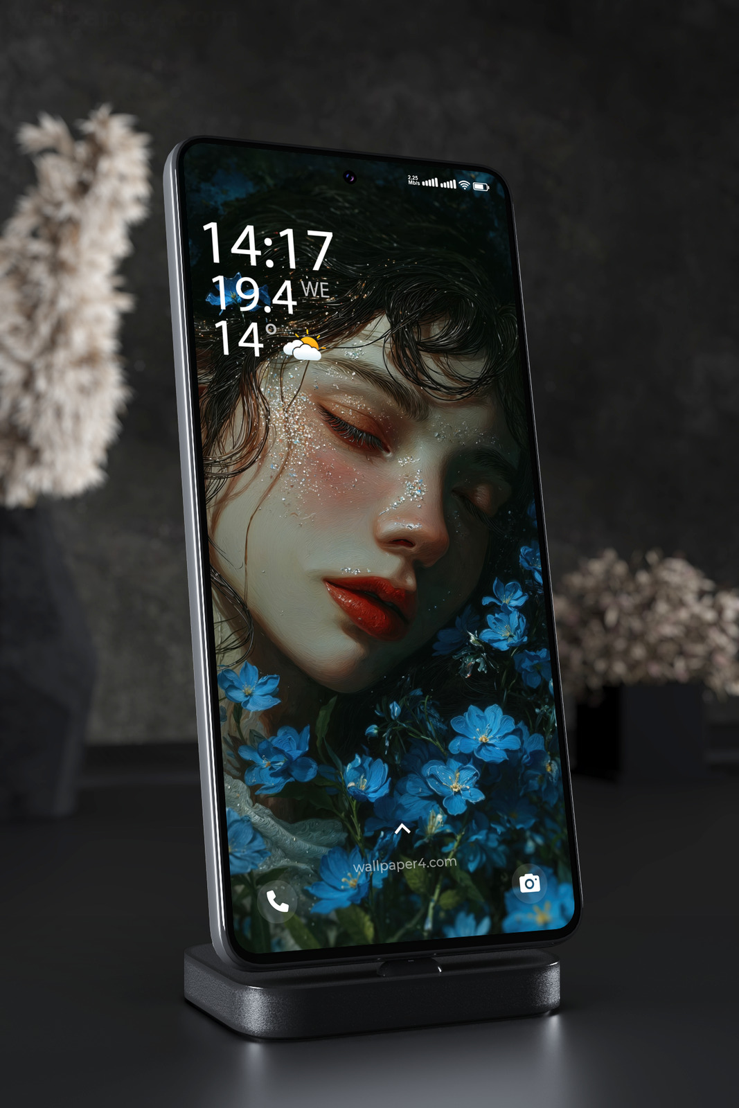 Mobile Wallpaper 5784 - Dreaming Woman Among Enchanted Blue Flowers