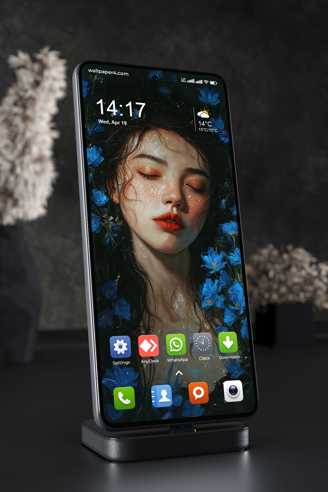 Mobile Wallpaper 5784 - Dreaming Woman Among Enchanted Blue Flowers
