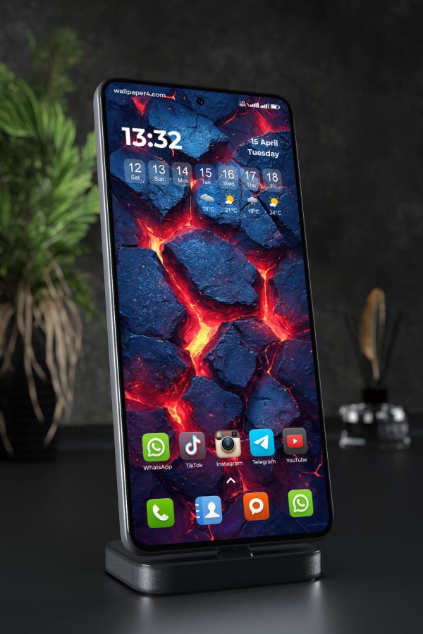Phone Wallpaper 5806 - Glowing Lava Cracks in Dark Blue Volcanic Rock