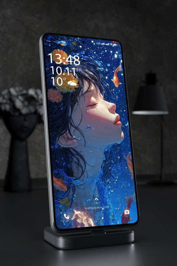 Phone Wallpaper 5815 - Blue Water Anime Girl with Flowers and Fish