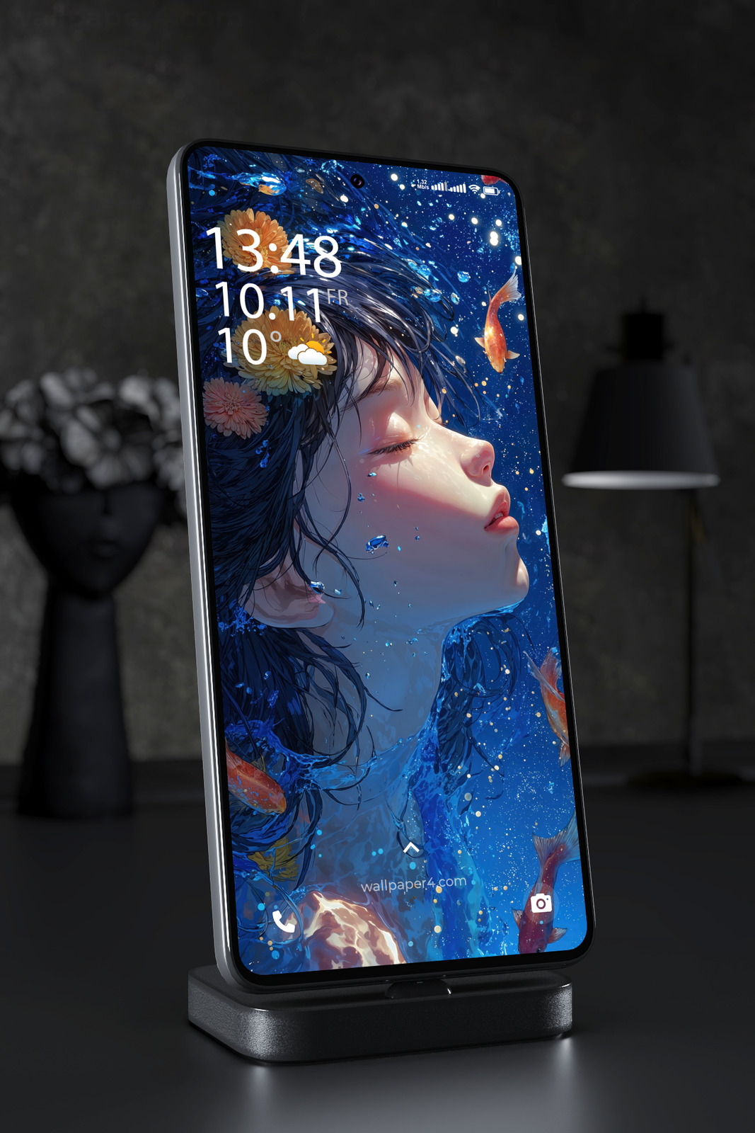 Phone Wallpaper 5815 - Blue Water Anime Girl with Flowers and Fish