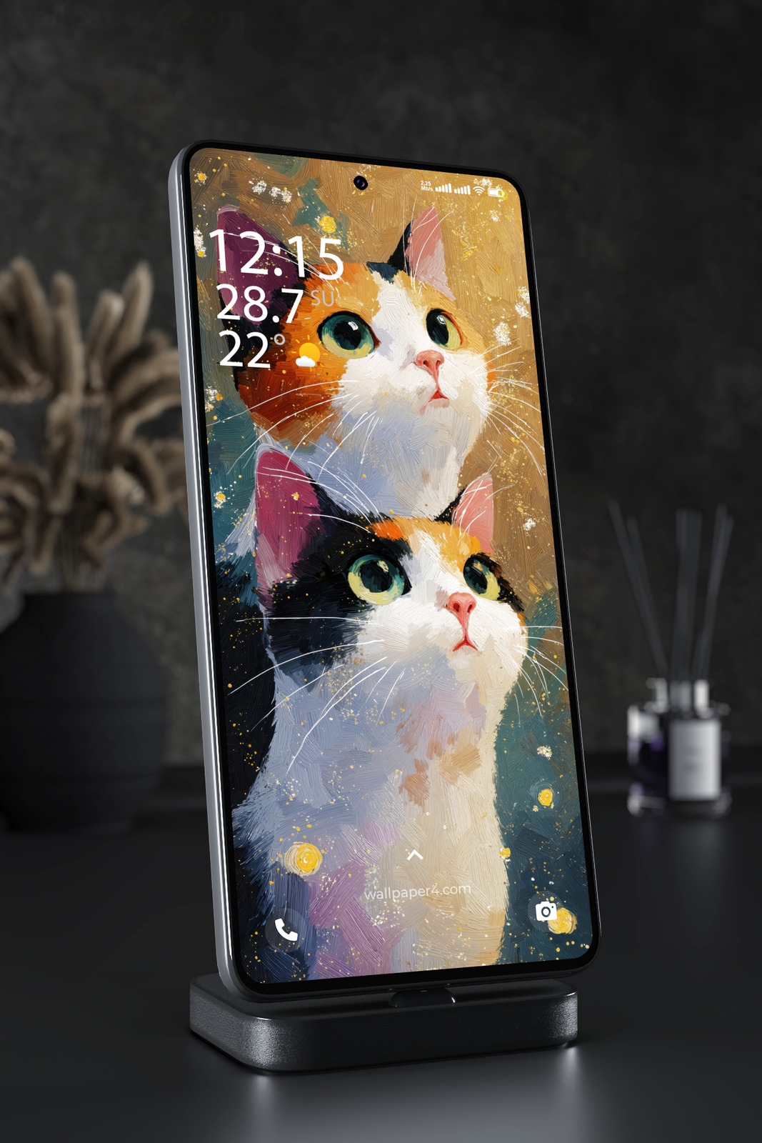 Phone Wallpaper 5821 - Two Curious Calico Cats in Golden Starlight